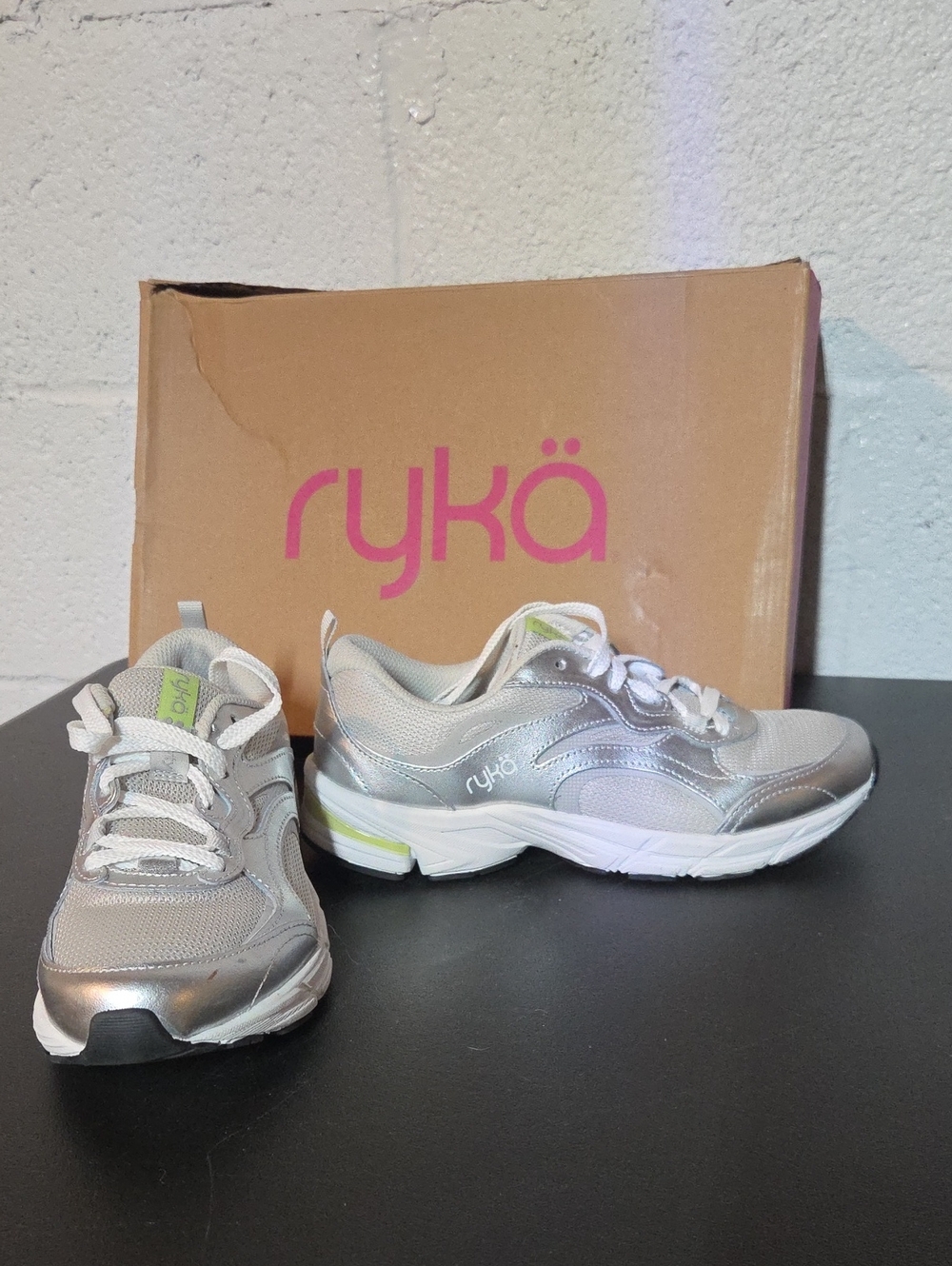Ryka Womens Silver Sneakers with Lime Accents